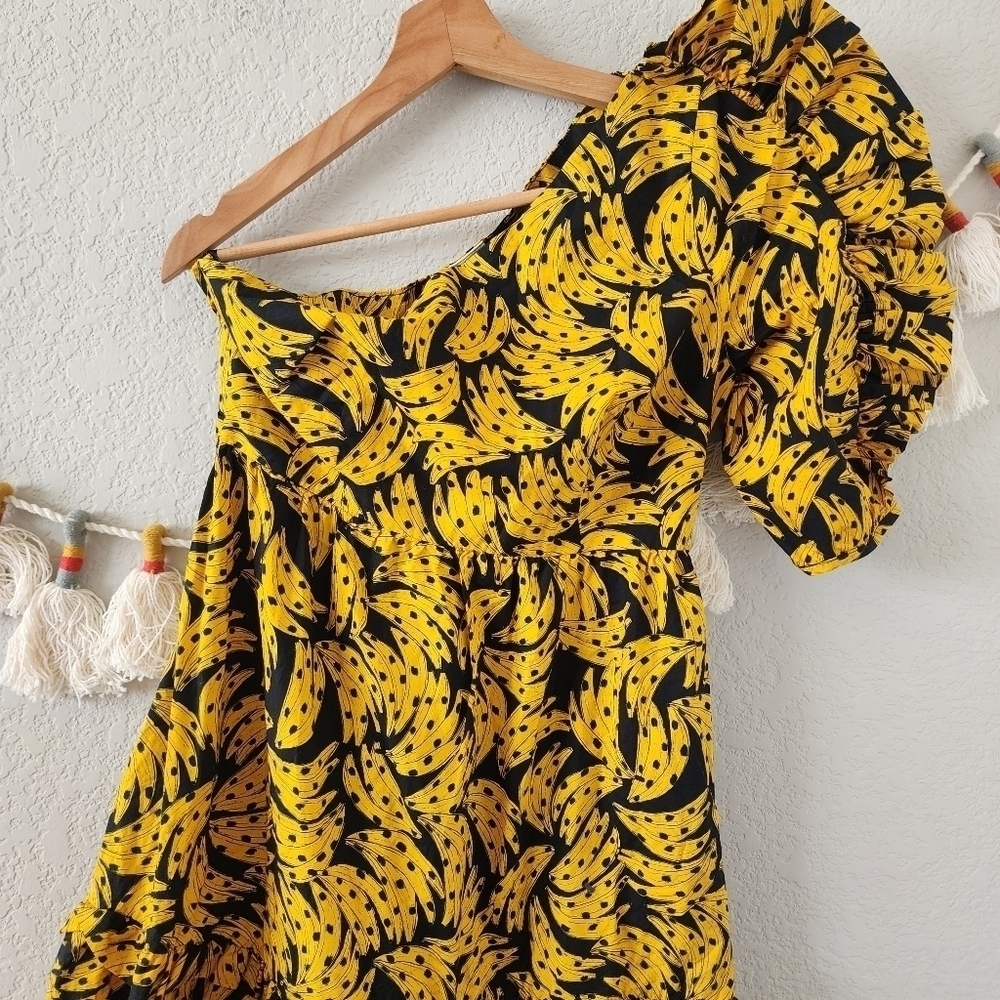 Farm Rio Spotted Bananas Puff One Shoulder Tiered Ruffle Midi Dress Beach S - Picture 5 of 13